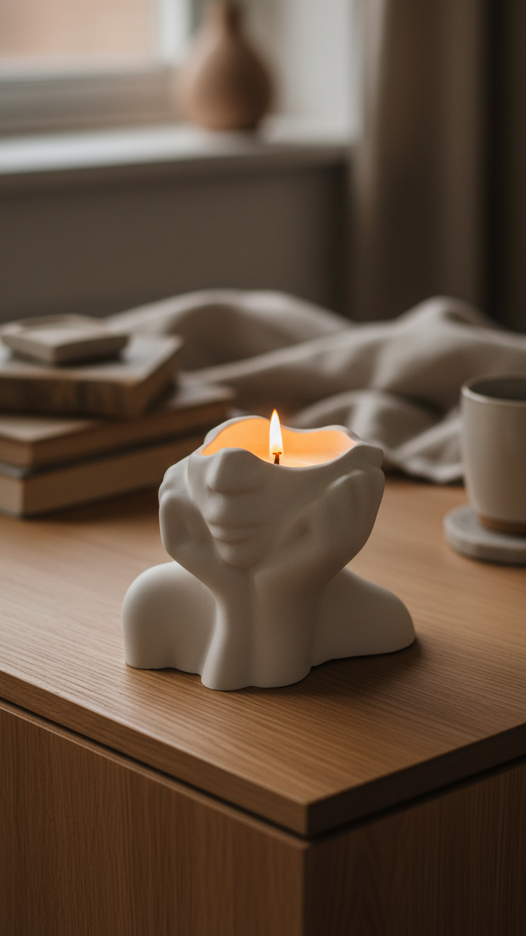 White ceramic candle with a lit candle on a wooden surface, with books and a cup in the background.