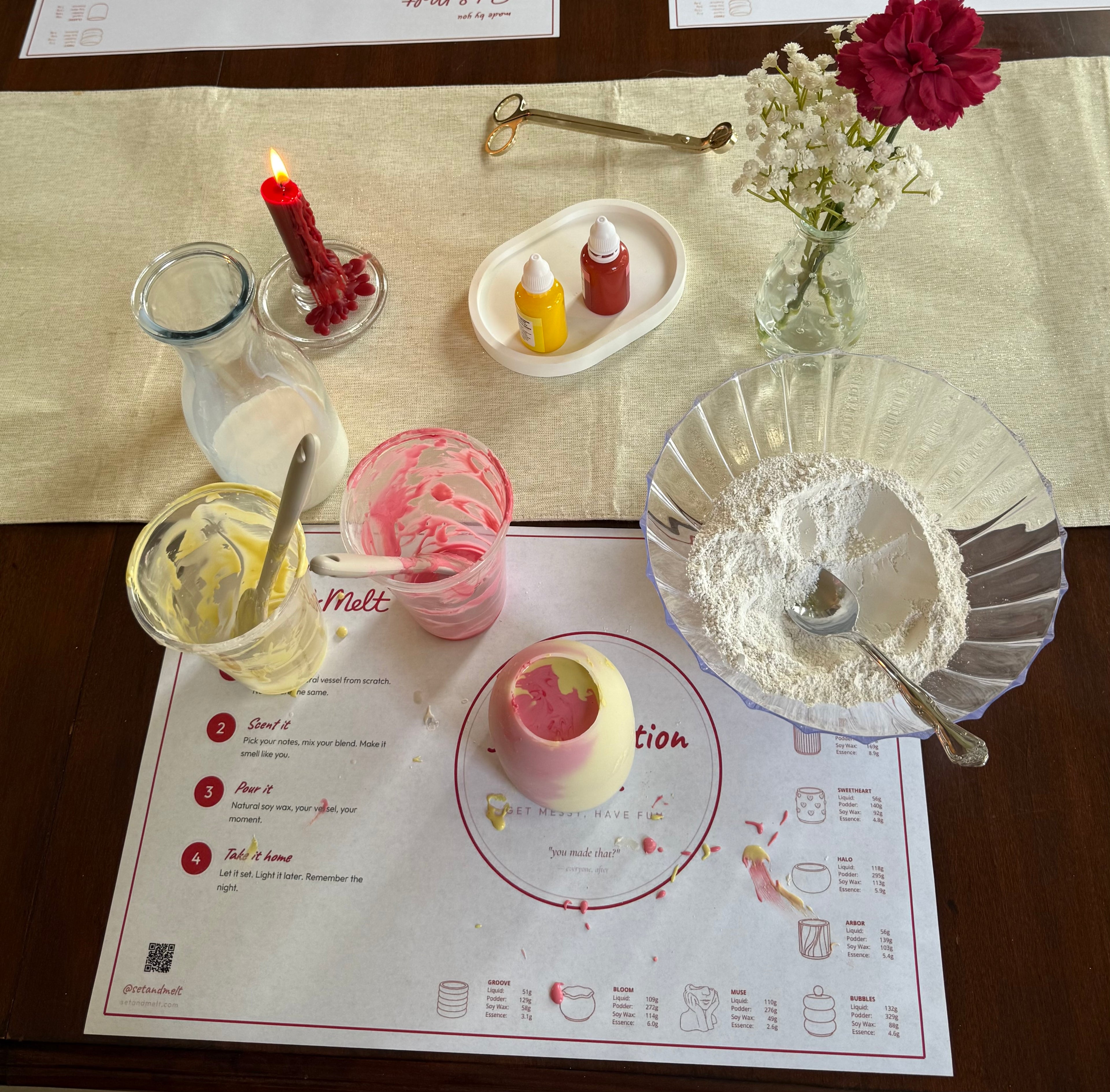 Guest mixing mineral compound to create a handmade candle vessel during a Set & Melt candle making workshop.