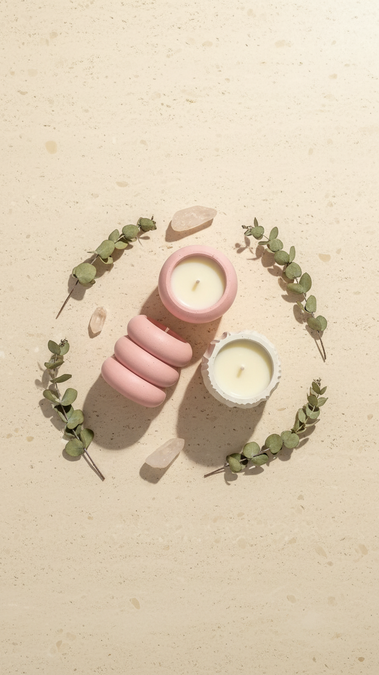 Handmade pink mineral candle vessel by Set & Melt with soy wax in a minimalist flat lay with eucalyptus and natural stones.