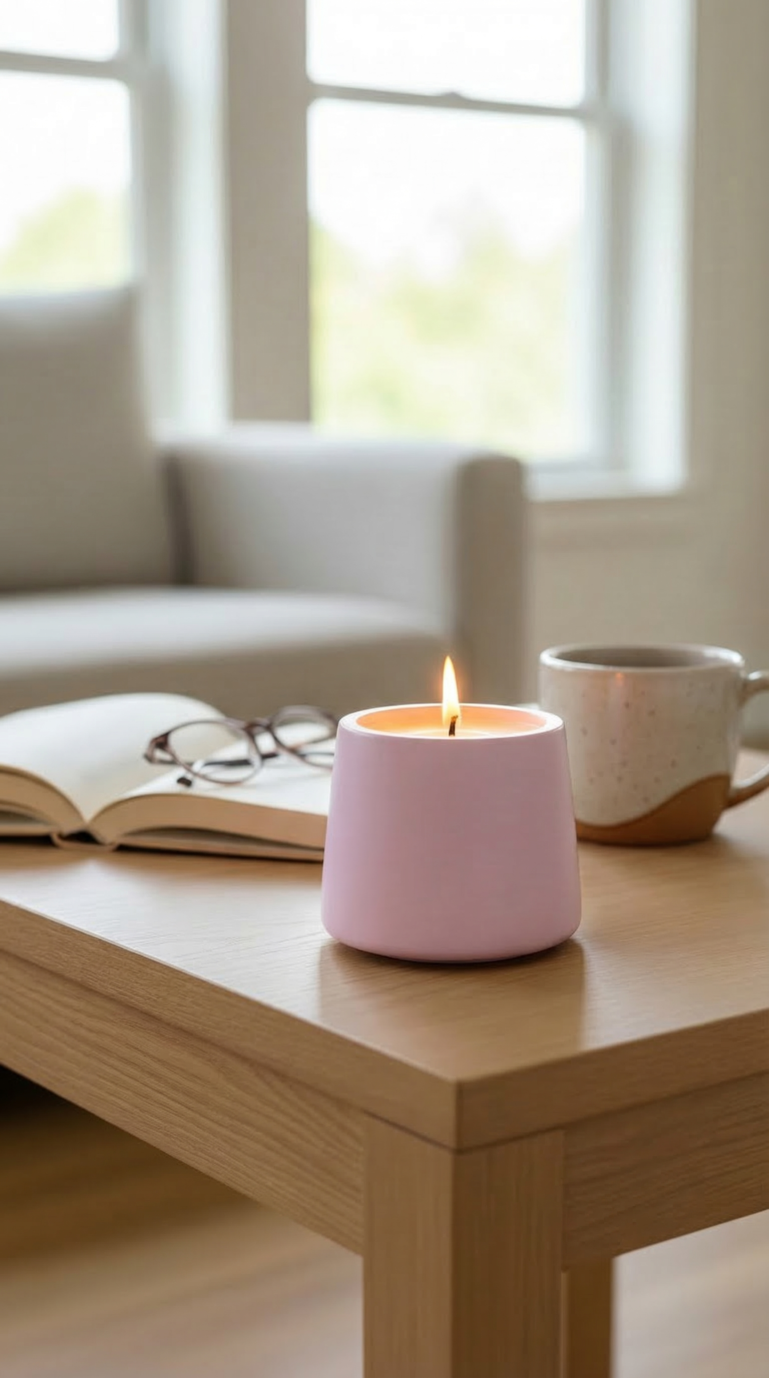 Pink handmade candle by Set & Melt burning next to an open book in a cozy reading nook setting.