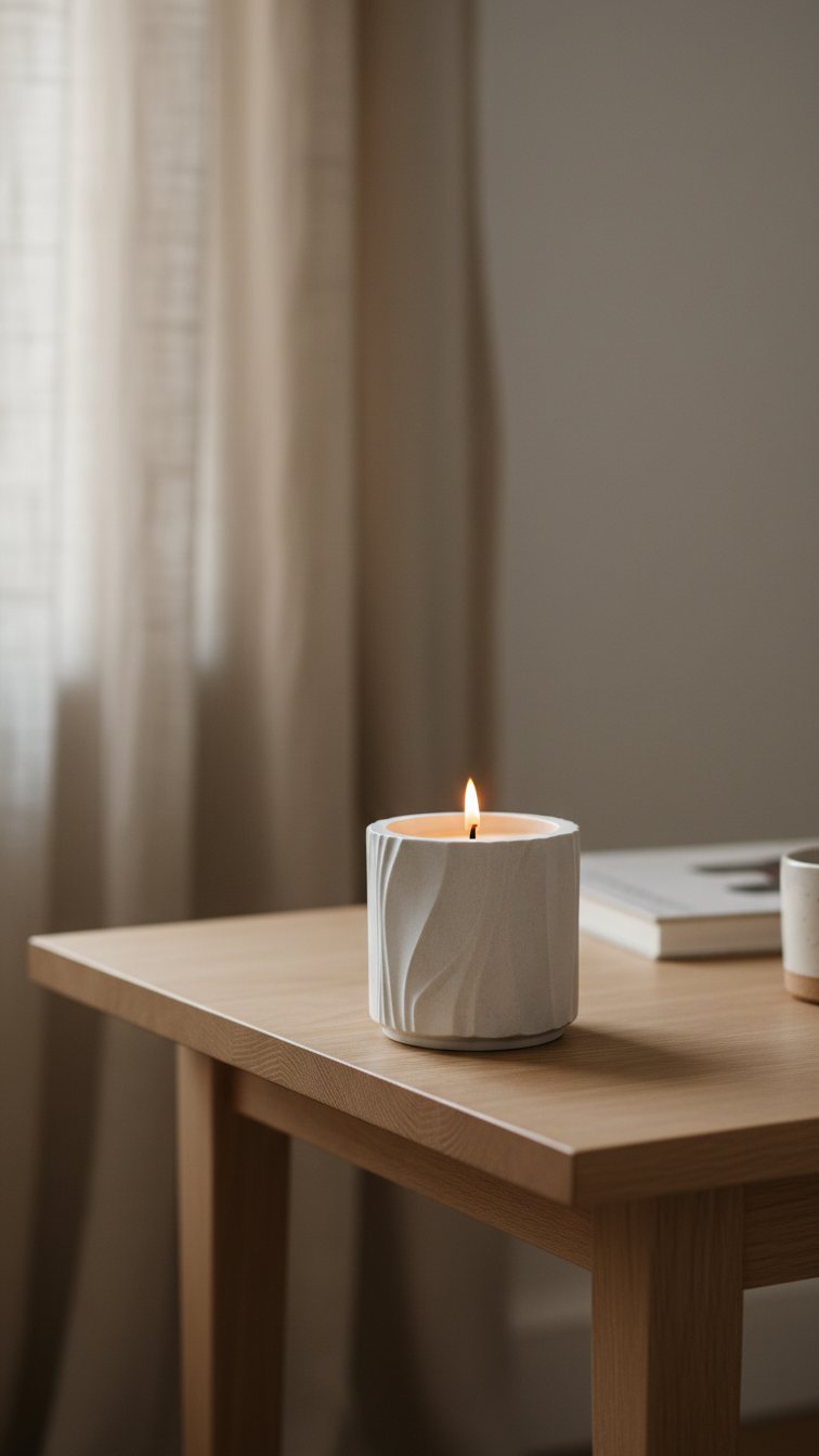 Lit white handmade mineral candle from Set & Melt placed on a wooden table in a calm home interior with soft natural light.