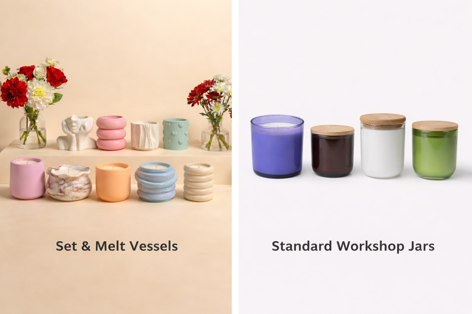 Side by side comparison of handmade candle vessels made at Set & Melt workshop in Orlando versus standard pre-made glass jars used at typical candle workshops